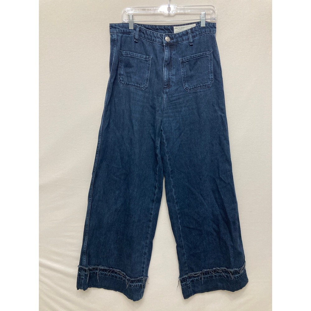 Rag & Bone Elenna Wide Leg Jeans Size 28 Dark Wash Raw Hem with Patch Pockets